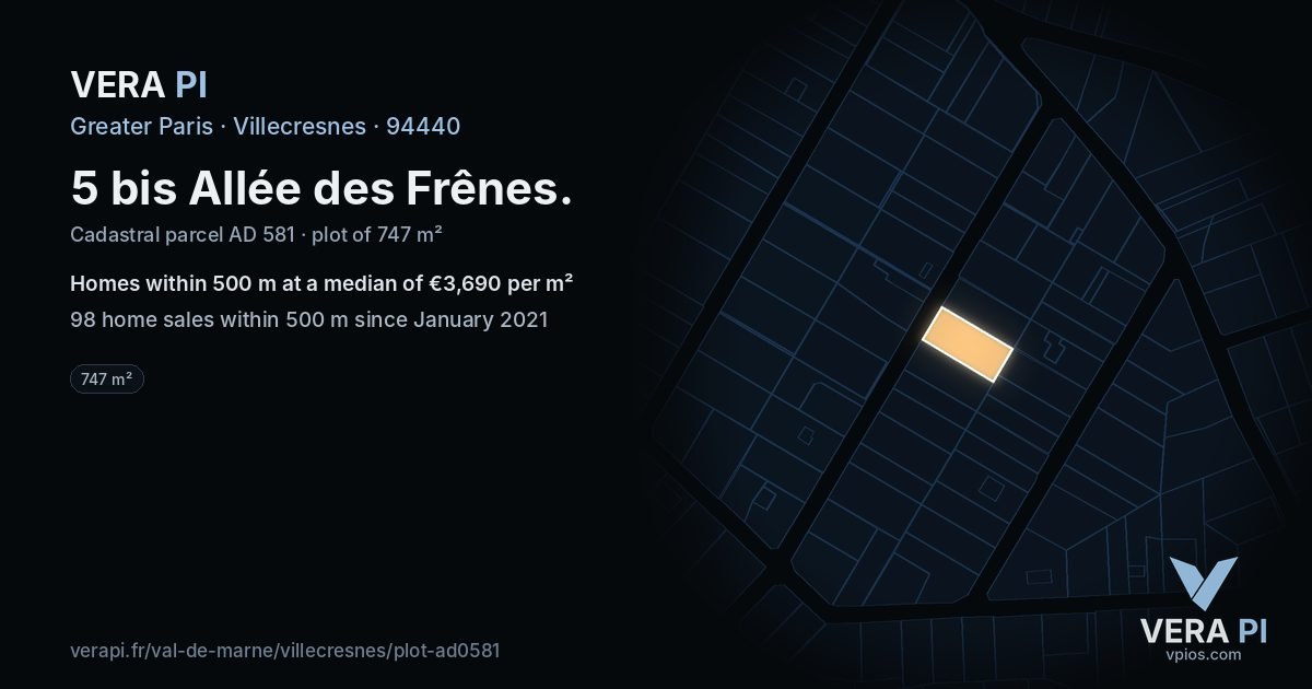 5 bis Allée des Frênes, Villecresnes at night – the plot lit, the parcels around coloured by the prices near them