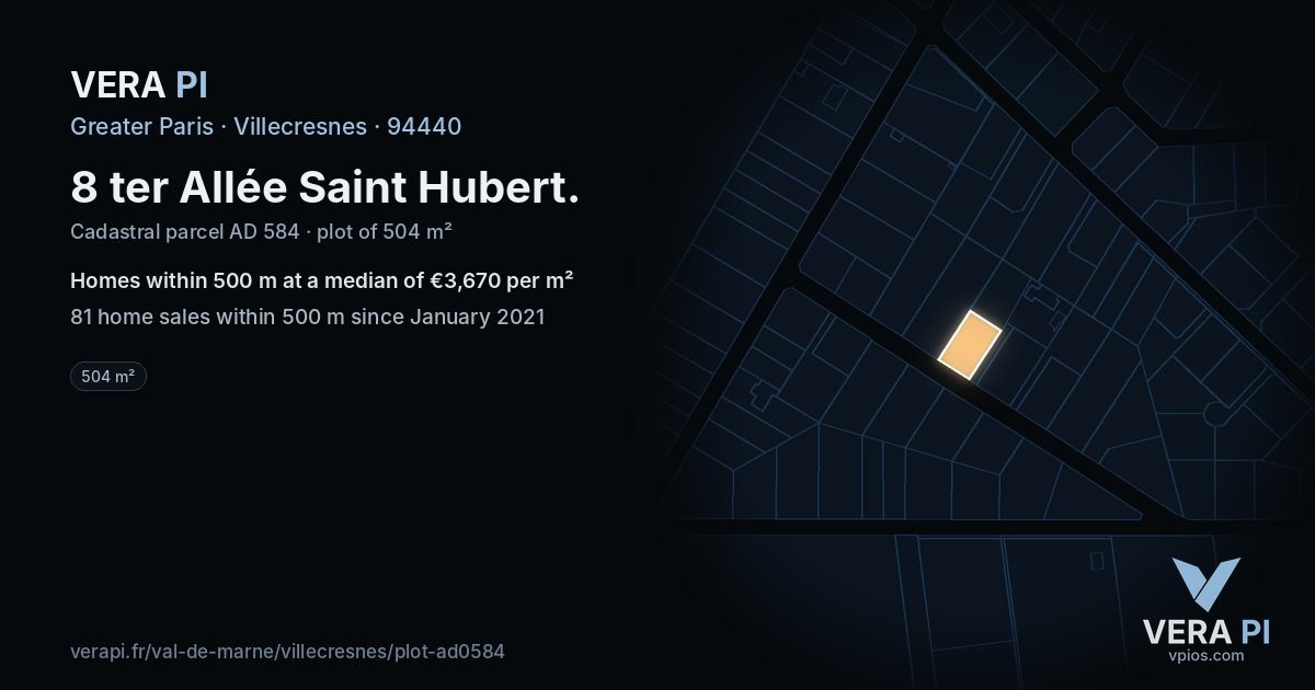 8 ter Allée Saint Hubert, Villecresnes at night – the plot lit, the parcels around coloured by the prices near them