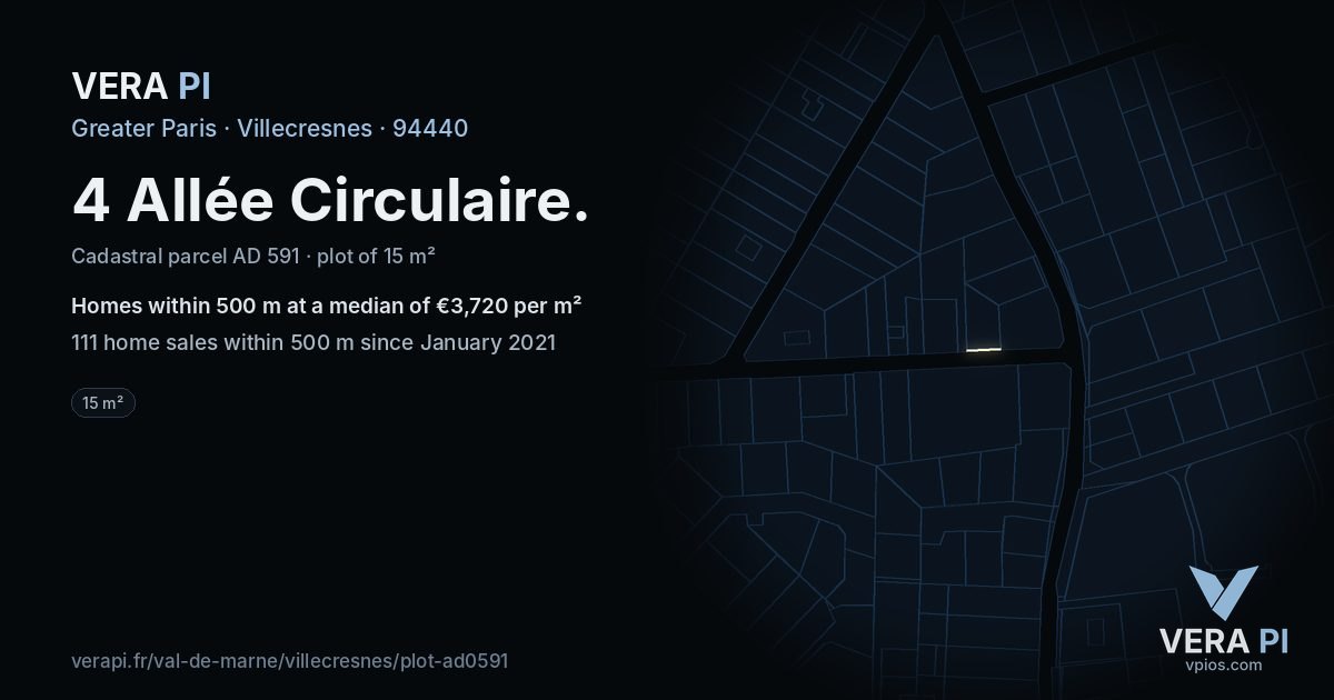 4 Allée Circulaire, Villecresnes at night – the plot lit, the parcels around coloured by the prices near them