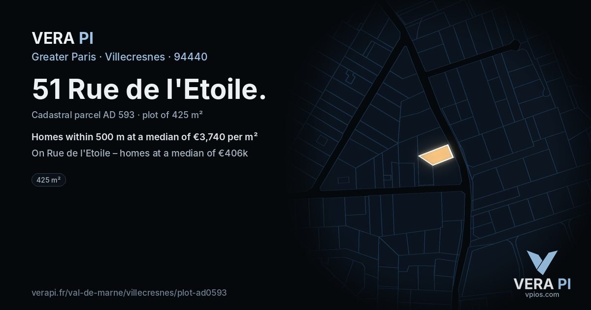 51 Rue de l'Etoile, Villecresnes at night – the plot lit, the parcels around coloured by the prices near them