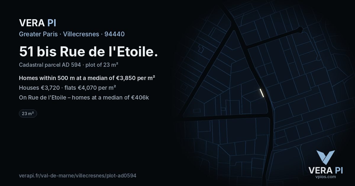 51 bis Rue de l'Etoile, Villecresnes at night – the plot lit, the parcels around coloured by the prices near them