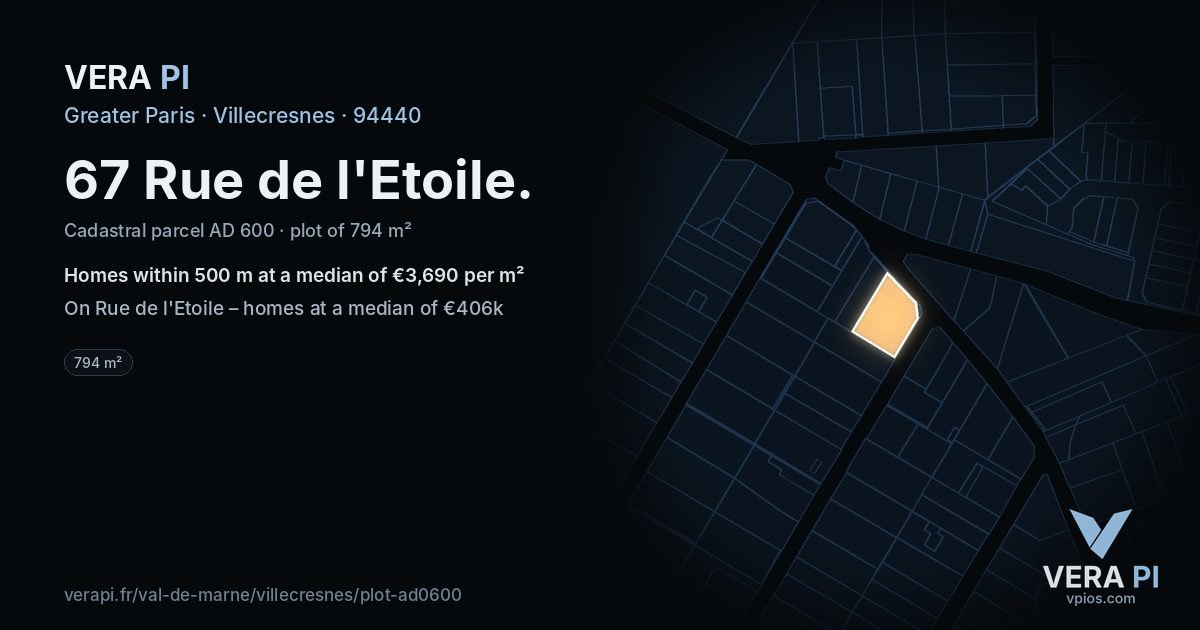 67 Rue de l'Etoile, Villecresnes at night – the plot lit, the parcels around coloured by the prices near them