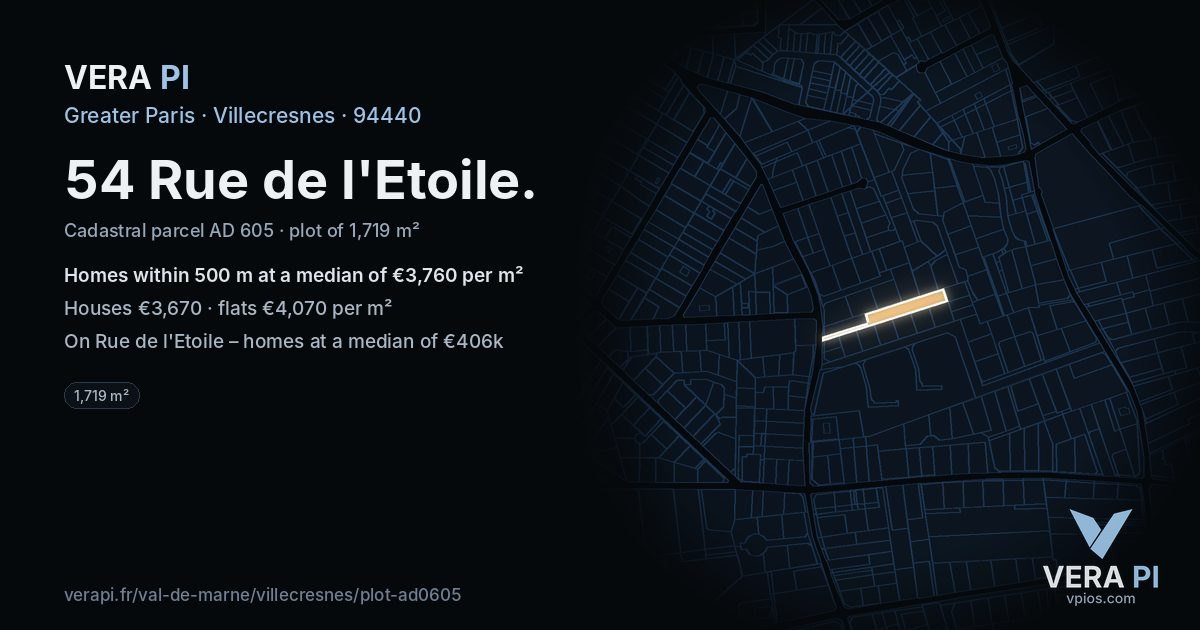 54 Rue de l'Etoile, Villecresnes at night – the plot lit, the parcels around coloured by the prices near them