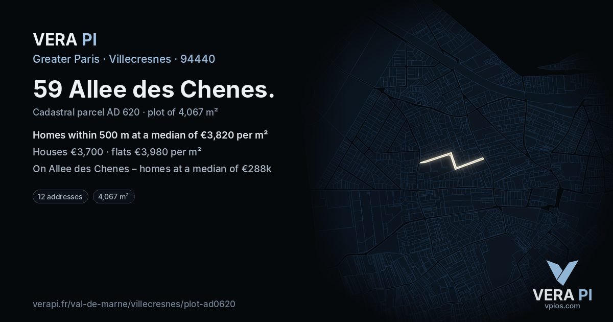 59 Allee des Chenes, Villecresnes at night – the plot lit, the parcels around coloured by the prices near them