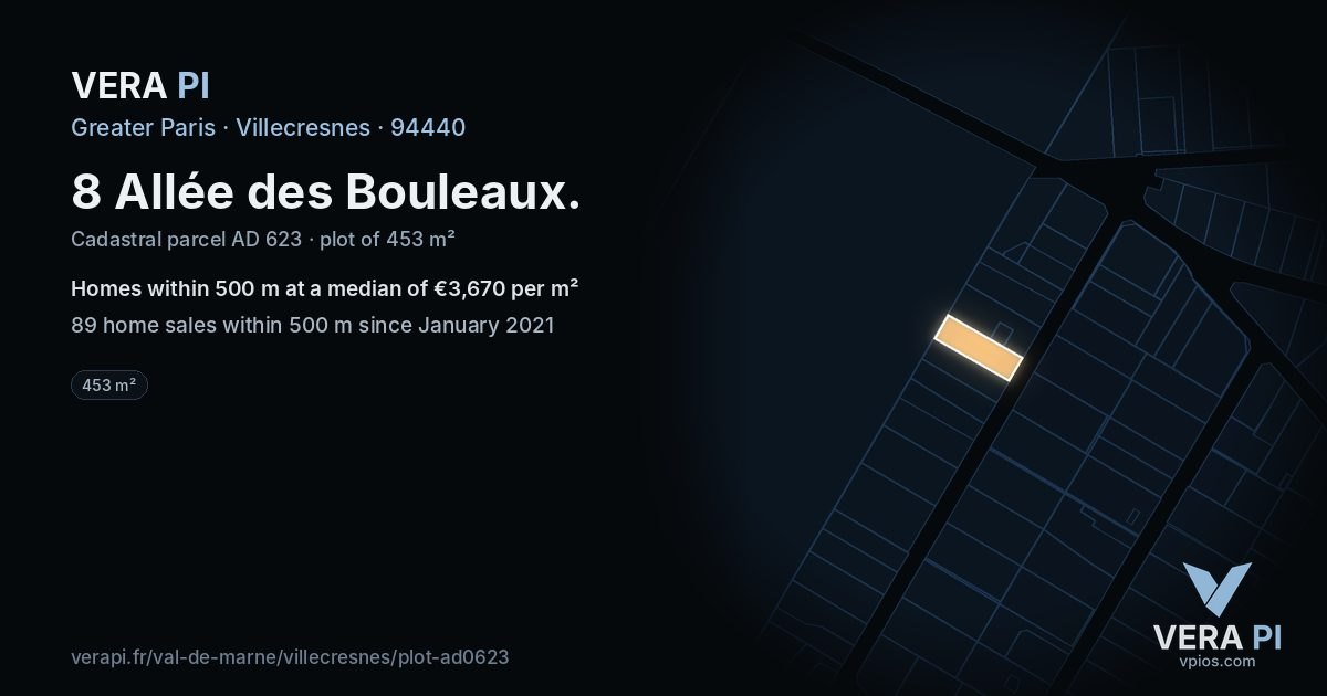 8 Allée des Bouleaux, Villecresnes at night – the plot lit, the parcels around coloured by the prices near them