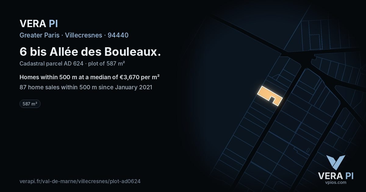 6 bis Allée des Bouleaux, Villecresnes at night – the plot lit, the parcels around coloured by the prices near them