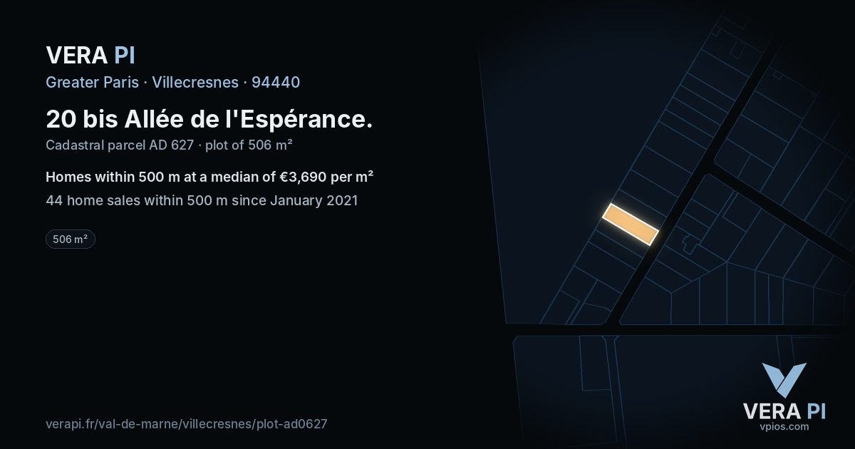 20 bis Allée de l'Espérance, Villecresnes at night – the plot lit, the parcels around coloured by the prices near them
