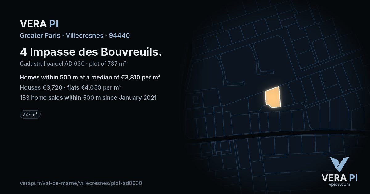 4 Impasse des Bouvreuils, Villecresnes at night – the plot lit, the parcels around coloured by the prices near them