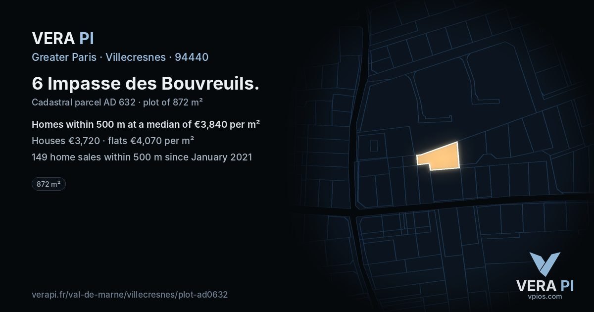6 Impasse des Bouvreuils, Villecresnes at night – the plot lit, the parcels around coloured by the prices near them