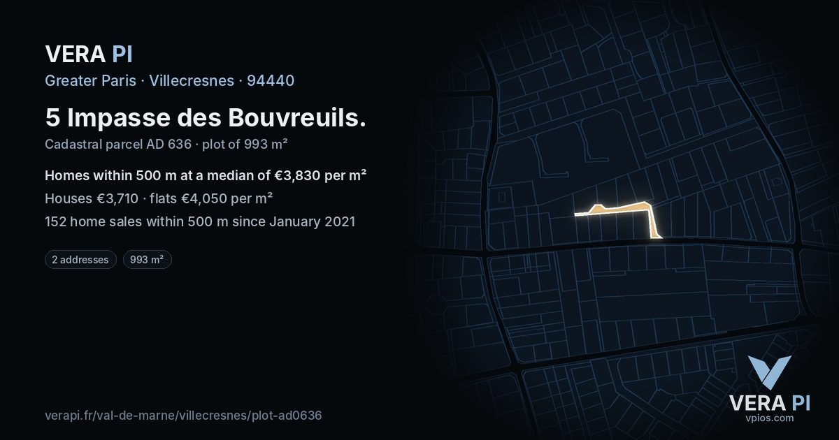 5 Impasse des Bouvreuils, Villecresnes at night – the plot lit, the parcels around coloured by the prices near them