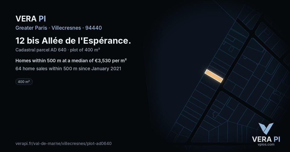 12 bis Allée de l'Espérance, Villecresnes at night – the plot lit, the parcels around coloured by the prices near them