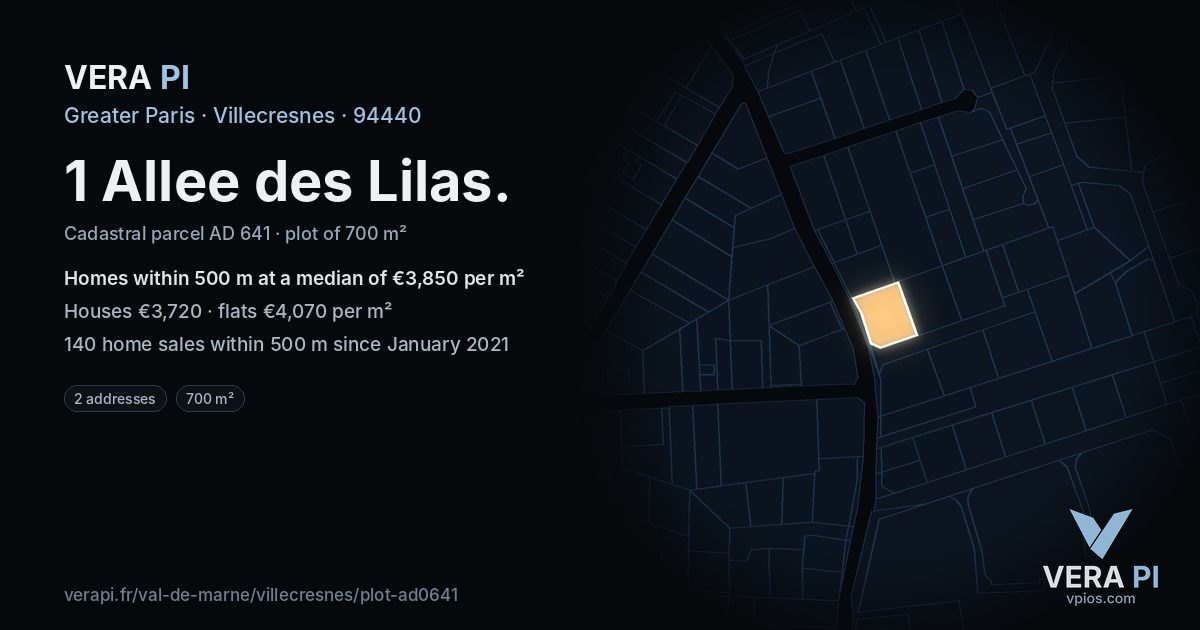 1 Allee des Lilas, Villecresnes at night – the plot lit, the parcels around coloured by the prices near them