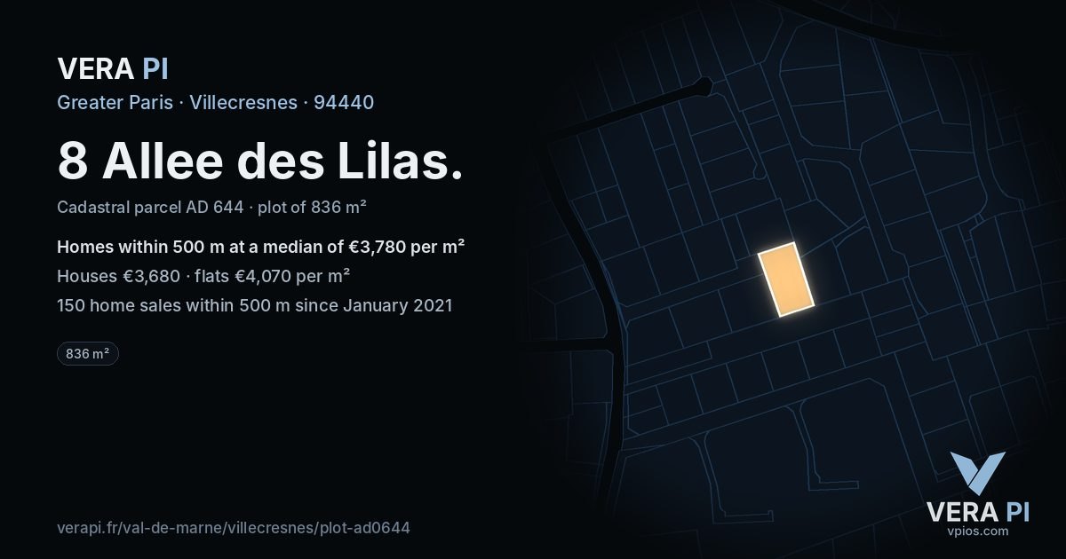 8 Allee des Lilas, Villecresnes at night – the plot lit, the parcels around coloured by the prices near them