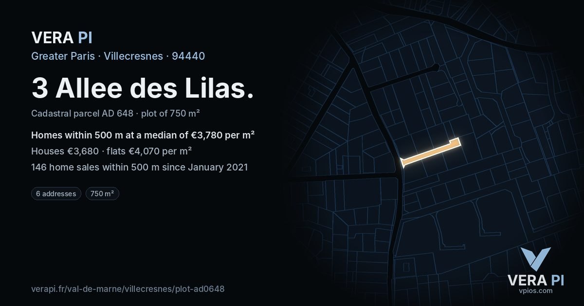 3 Allee des Lilas, Villecresnes at night – the plot lit, the parcels around coloured by the prices near them