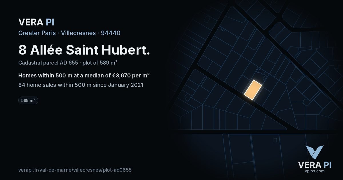 8 Allée Saint Hubert, Villecresnes at night – the plot lit, the parcels around coloured by the prices near them