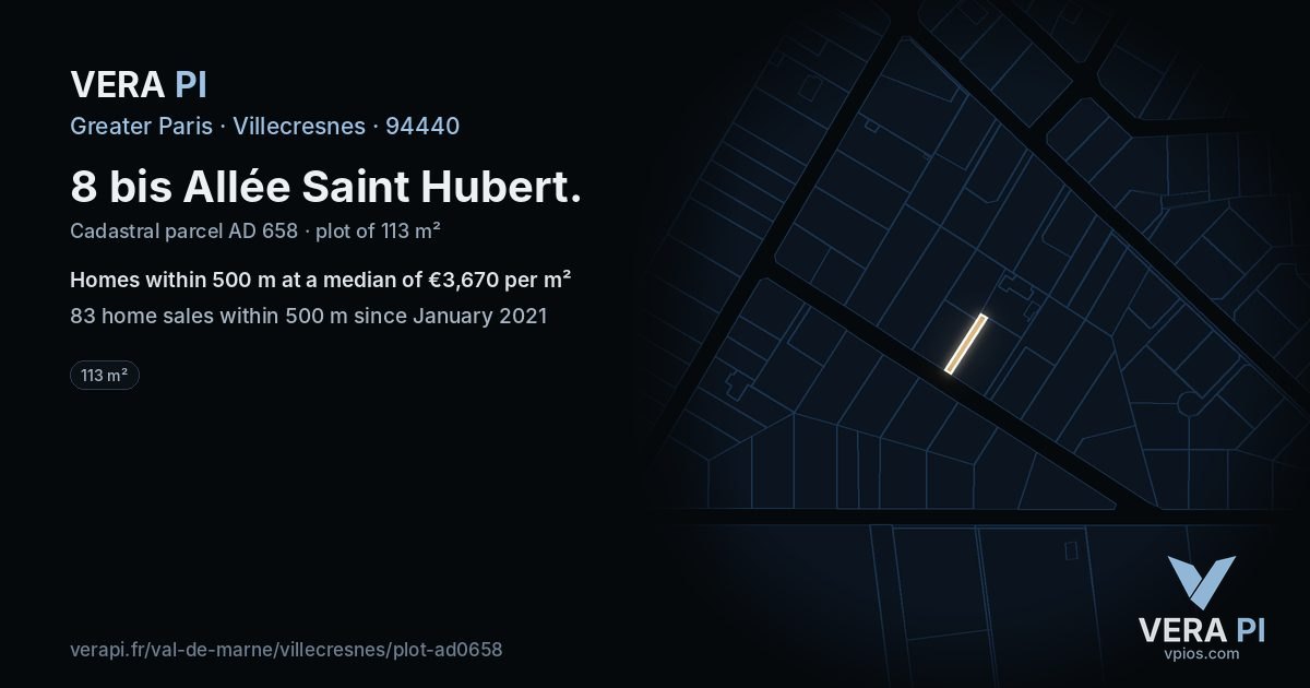 8 bis Allée Saint Hubert, Villecresnes at night – the plot lit, the parcels around coloured by the prices near them