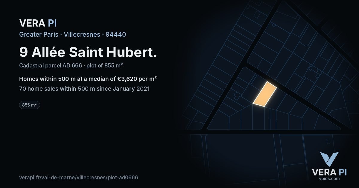 9 Allée Saint Hubert, Villecresnes at night – the plot lit, the parcels around coloured by the prices near them