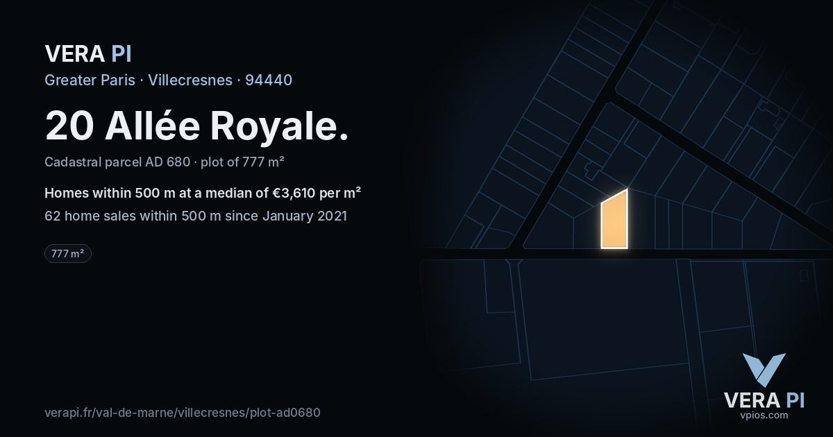 20 Allée Royale, Villecresnes at night – the plot lit, the parcels around coloured by the prices near them
