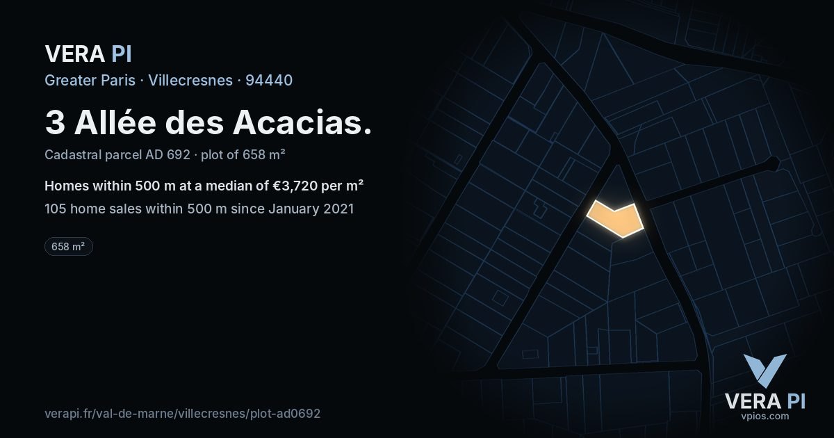 3 Allée des Acacias, Villecresnes at night – the plot lit, the parcels around coloured by the prices near them