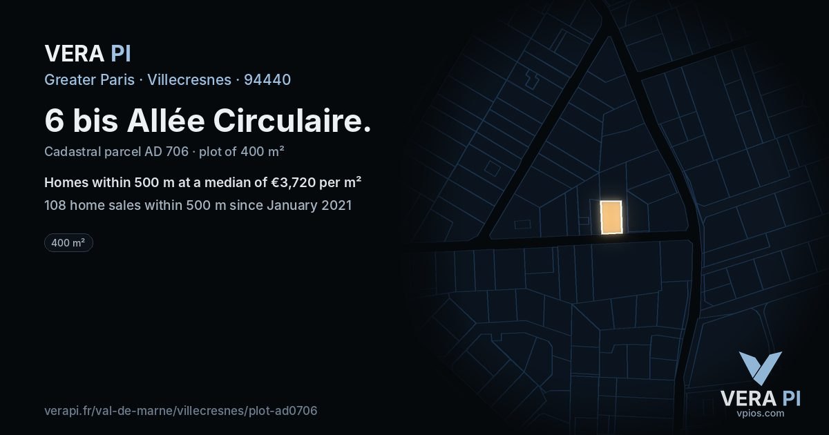 6 bis Allée Circulaire, Villecresnes at night – the plot lit, the parcels around coloured by the prices near them