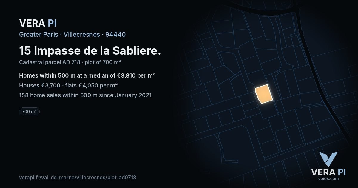 15 Impasse de la Sabliere, Villecresnes at night – the plot lit, the parcels around coloured by the prices near them