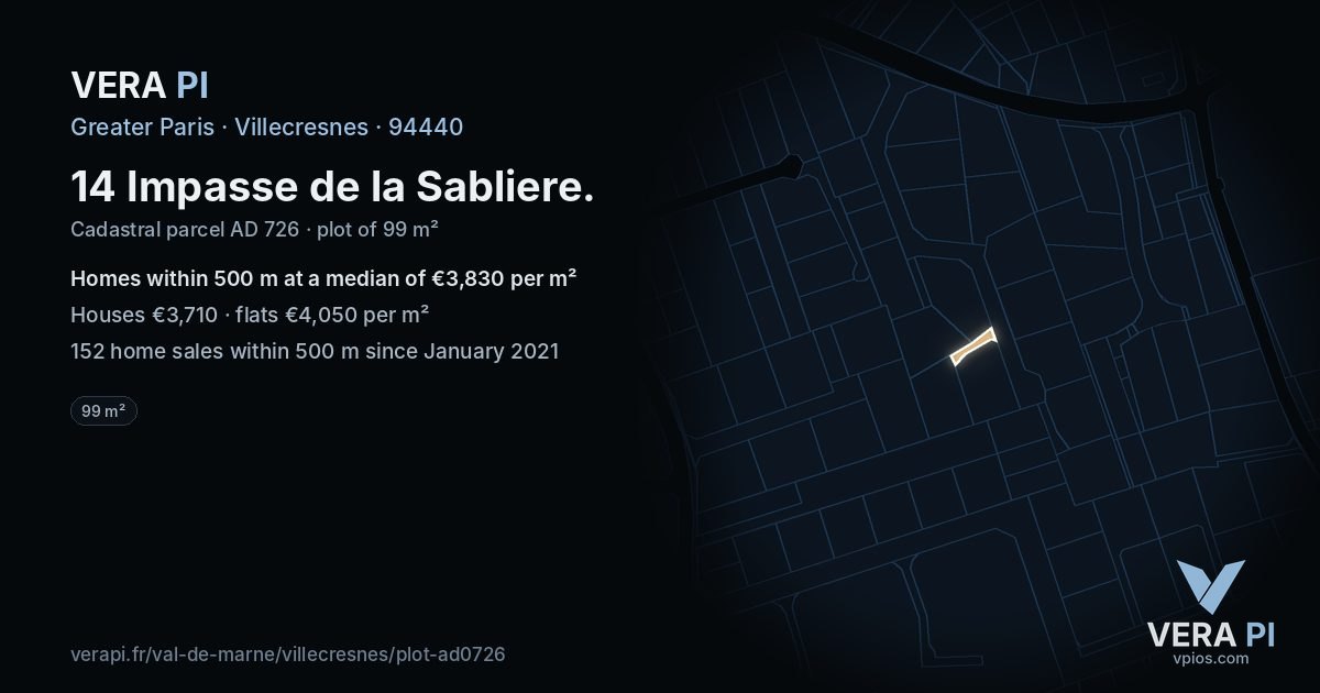 14 Impasse de la Sabliere, Villecresnes at night – the plot lit, the parcels around coloured by the prices near them