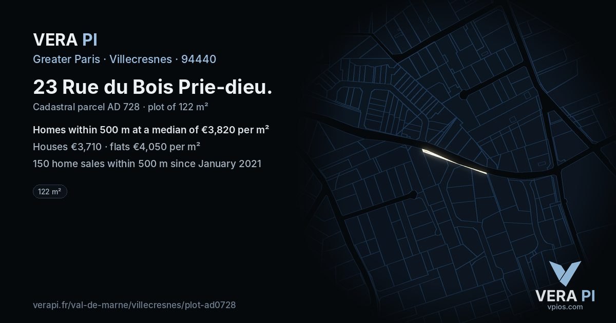 23 Rue du Bois Prie-dieu, Villecresnes at night – the plot lit, the parcels around coloured by the prices near them
