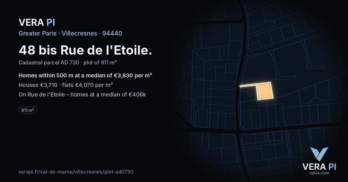 48 bis Rue de l'Etoile, Villecresnes at night – the plot lit, the parcels around coloured by the prices near them