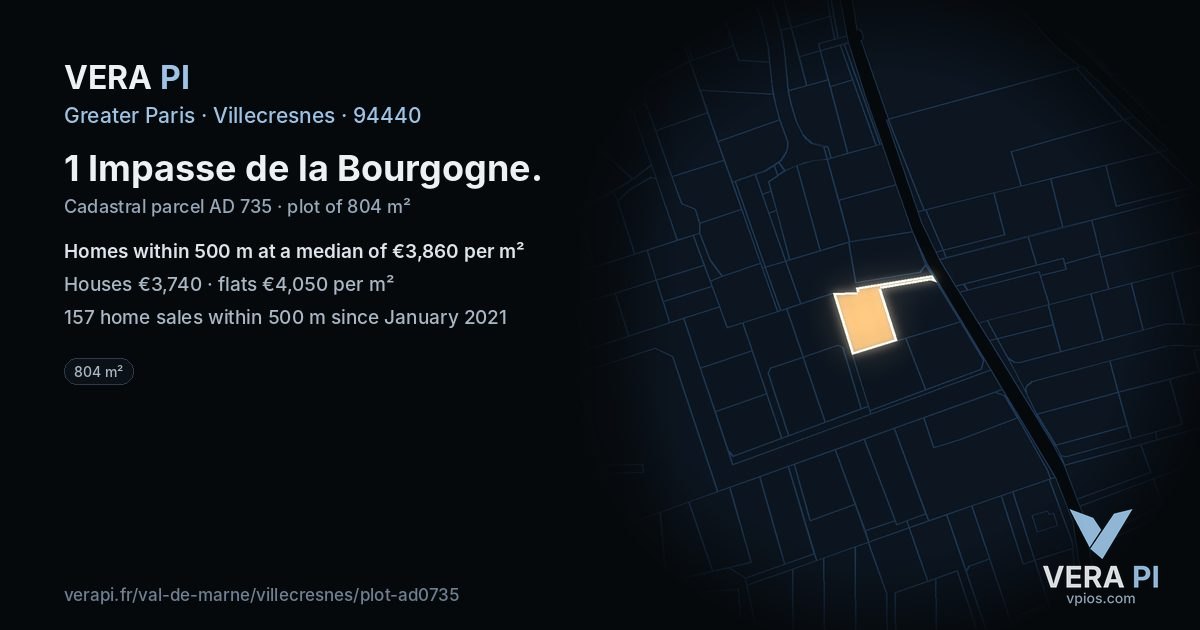 1 Impasse de la Bourgogne, Villecresnes at night – the plot lit, the parcels around coloured by the prices near them