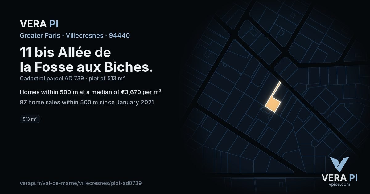 11 bis Allée de la Fosse aux Biches, Villecresnes at night – the plot lit, the parcels around coloured by the prices near them