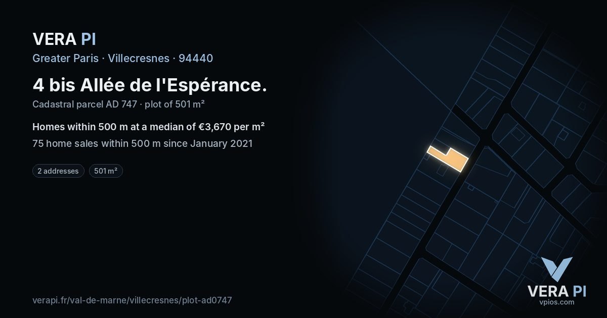 4 bis Allée de l'Espérance, Villecresnes at night – the plot lit, the parcels around coloured by the prices near them