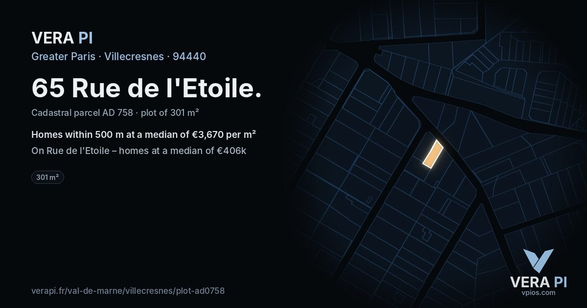 65 Rue de l'Etoile, Villecresnes at night – the plot lit, the parcels around coloured by the prices near them