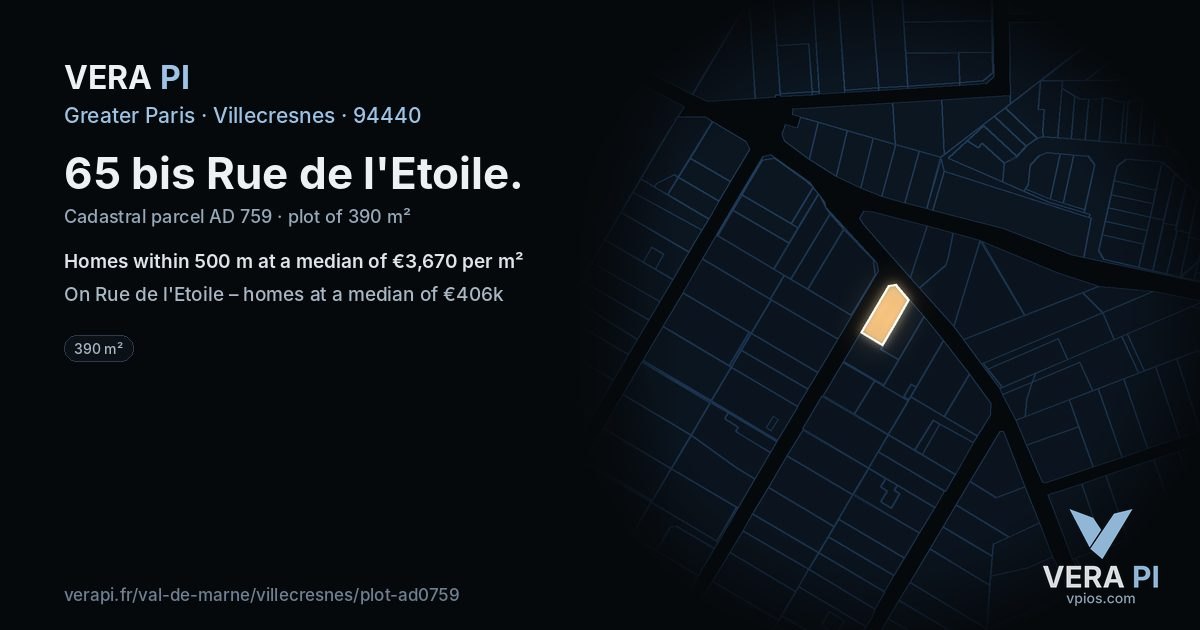 65 bis Rue de l'Etoile, Villecresnes at night – the plot lit, the parcels around coloured by the prices near them