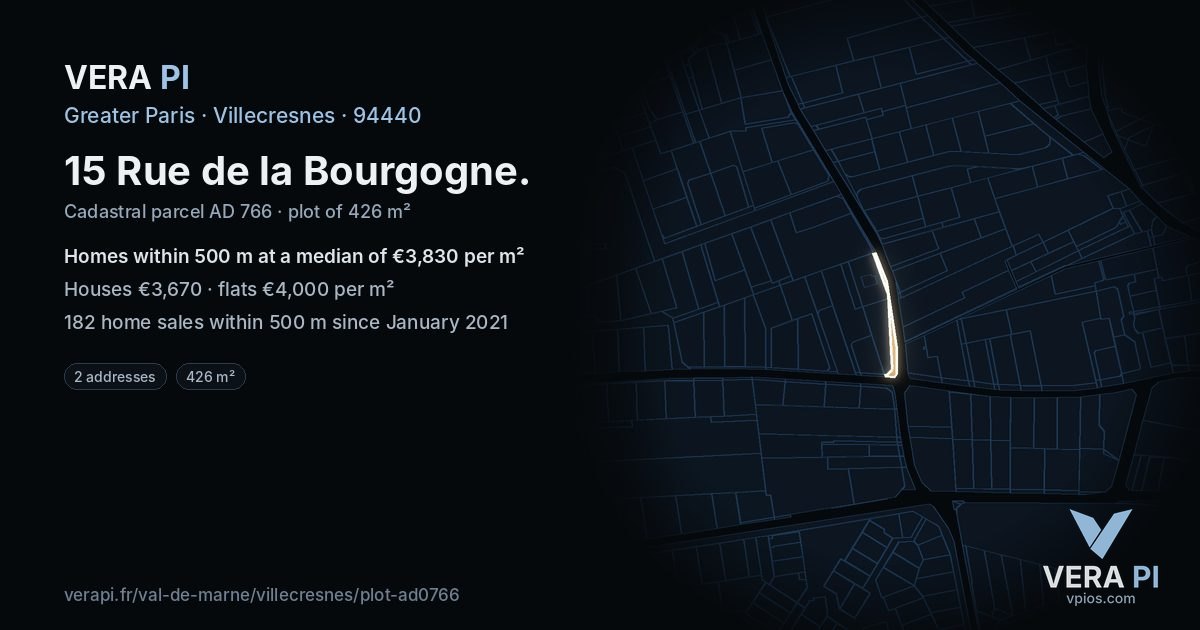 15 Rue de la Bourgogne, Villecresnes at night – the plot lit, the parcels around coloured by the prices near them