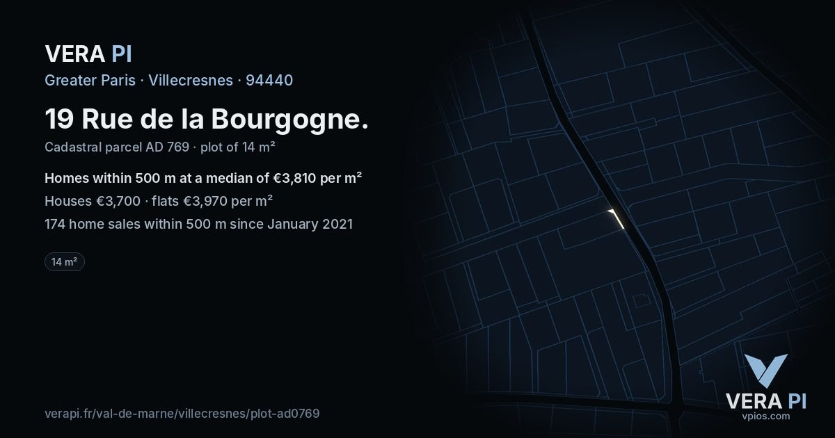 19 Rue de la Bourgogne, Villecresnes at night – the plot lit, the parcels around coloured by the prices near them