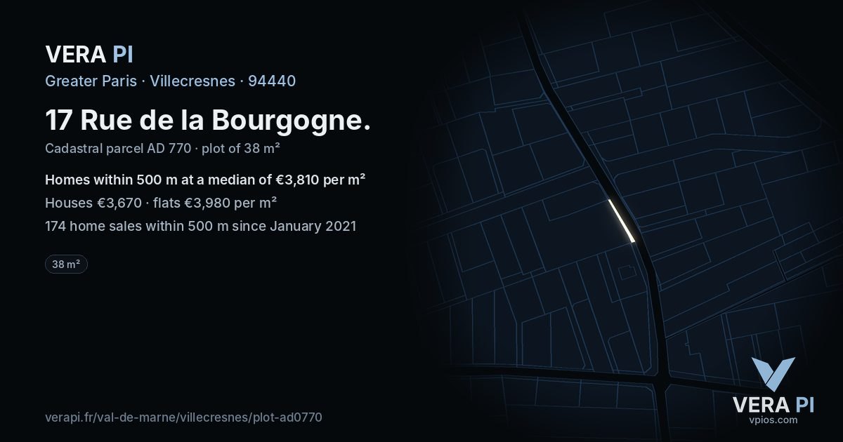 17 Rue de la Bourgogne, Villecresnes at night – the plot lit, the parcels around coloured by the prices near them