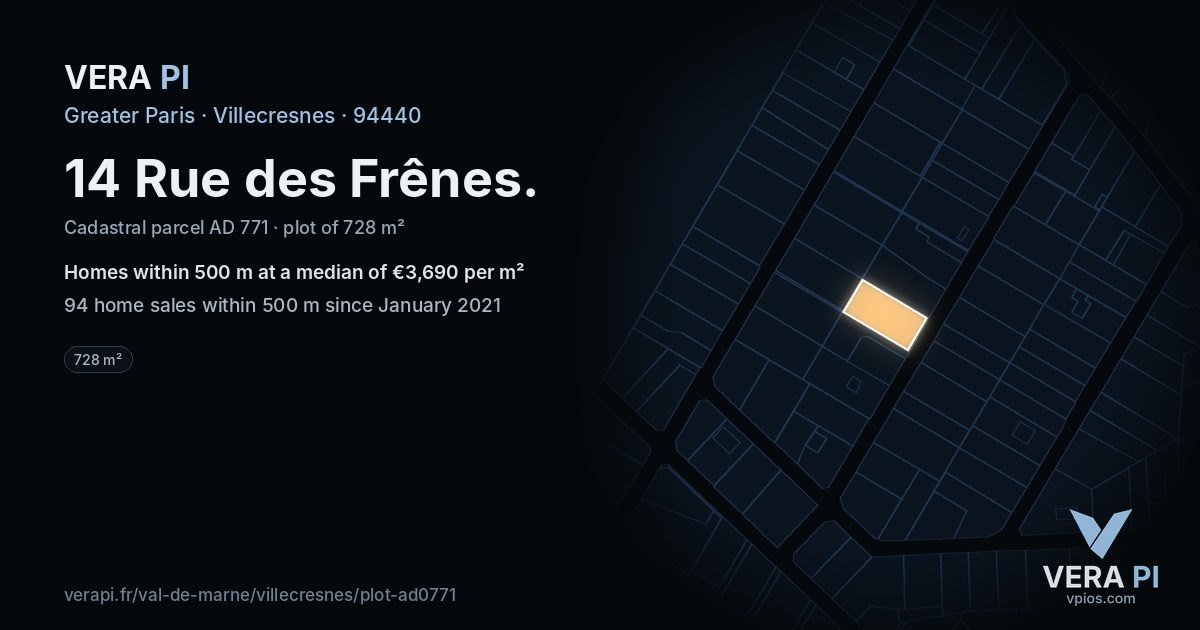 14 Rue des Frênes, Villecresnes at night – the plot lit, the parcels around coloured by the prices near them