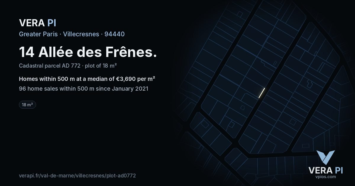 14 Allée des Frênes, Villecresnes at night – the plot lit, the parcels around coloured by the prices near them