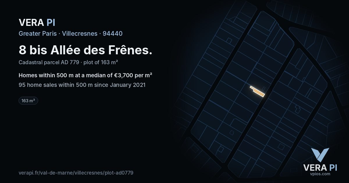 8 bis Allée des Frênes, Villecresnes at night – the plot lit, the parcels around coloured by the prices near them