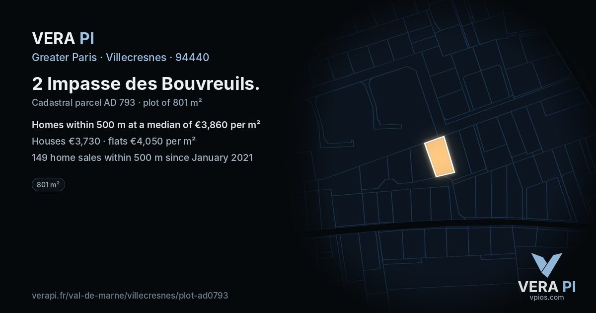 2 Impasse des Bouvreuils, Villecresnes at night – the plot lit, the parcels around coloured by the prices near them