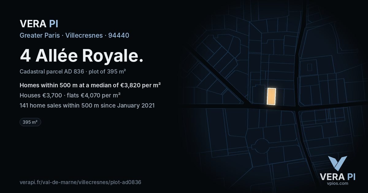 4 Allée Royale, Villecresnes at night – the plot lit, the parcels around coloured by the prices near them