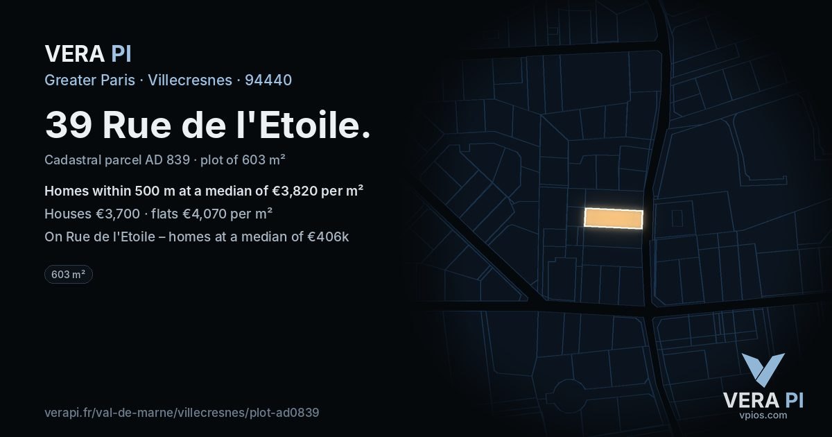 39 Rue de l'Etoile, Villecresnes at night – the plot lit, the parcels around coloured by the prices near them