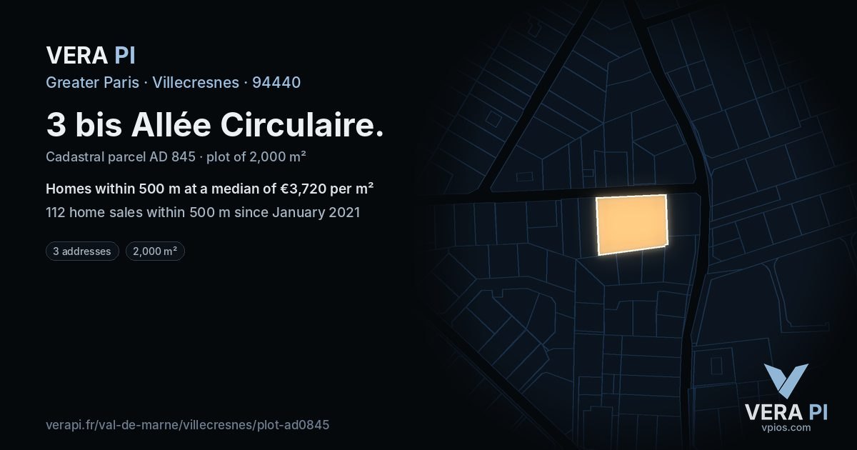 3 bis Allée Circulaire, Villecresnes at night – the plot lit, the parcels around coloured by the prices near them