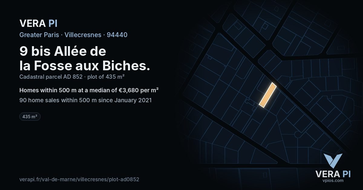 9 bis Allée de la Fosse aux Biches, Villecresnes at night – the plot lit, the parcels around coloured by the prices near them