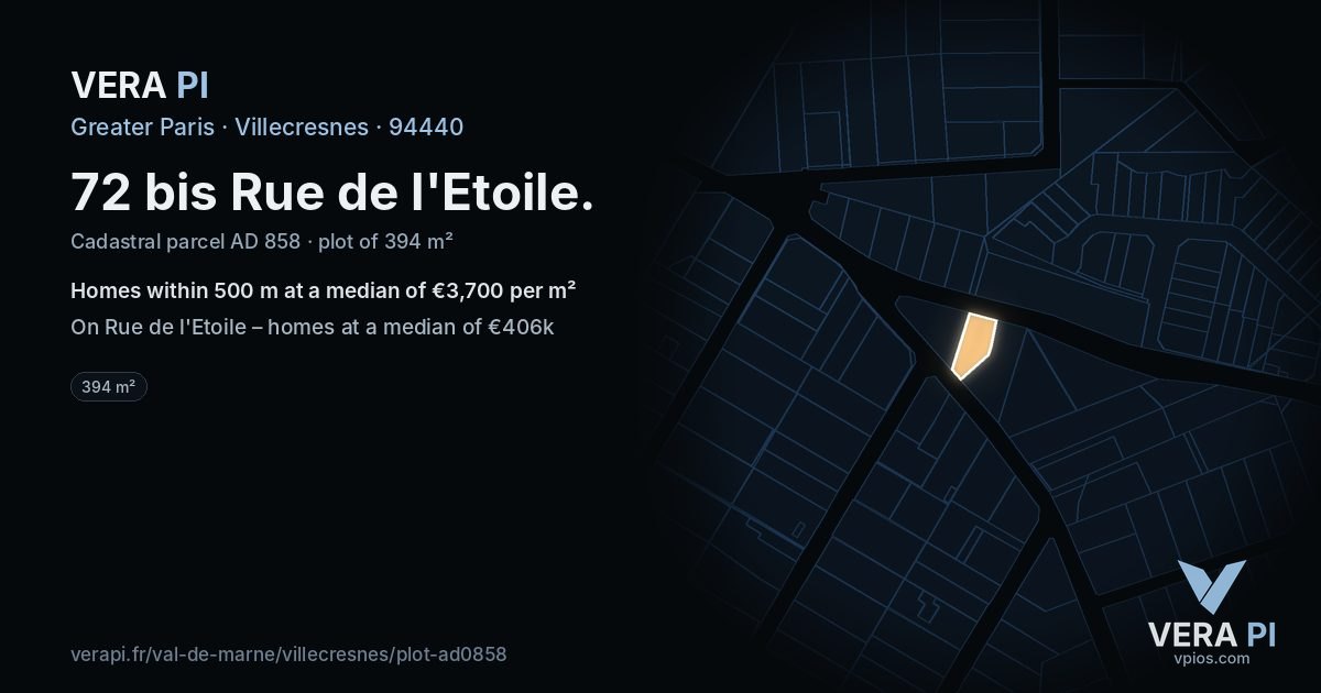 72 bis Rue de l'Etoile, Villecresnes at night – the plot lit, the parcels around coloured by the prices near them