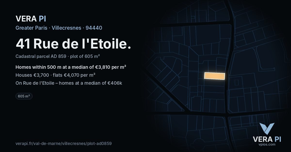 41 Rue de l'Etoile, Villecresnes at night – the plot lit, the parcels around coloured by the prices near them