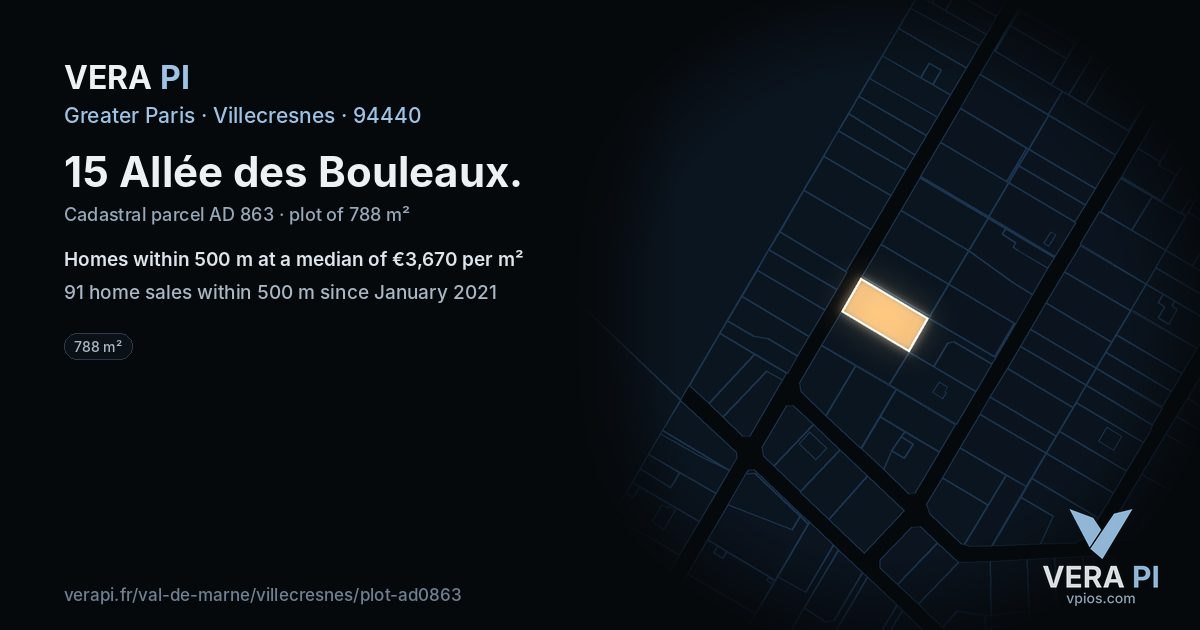 15 Allée des Bouleaux, Villecresnes at night – the plot lit, the parcels around coloured by the prices near them