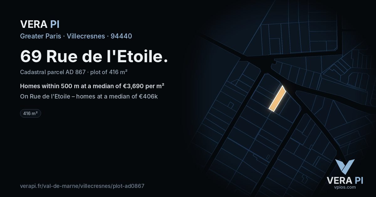 69 Rue de l'Etoile, Villecresnes at night – the plot lit, the parcels around coloured by the prices near them