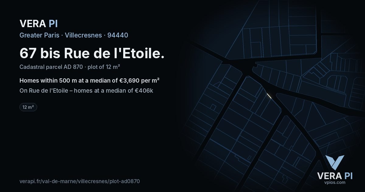 67 bis Rue de l'Etoile, Villecresnes at night – the plot lit, the parcels around coloured by the prices near them