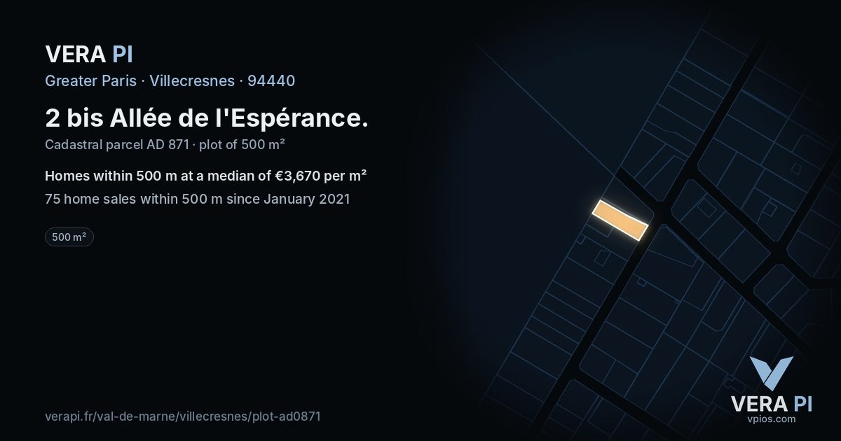 2 bis Allée de l'Espérance, Villecresnes at night – the plot lit, the parcels around coloured by the prices near them